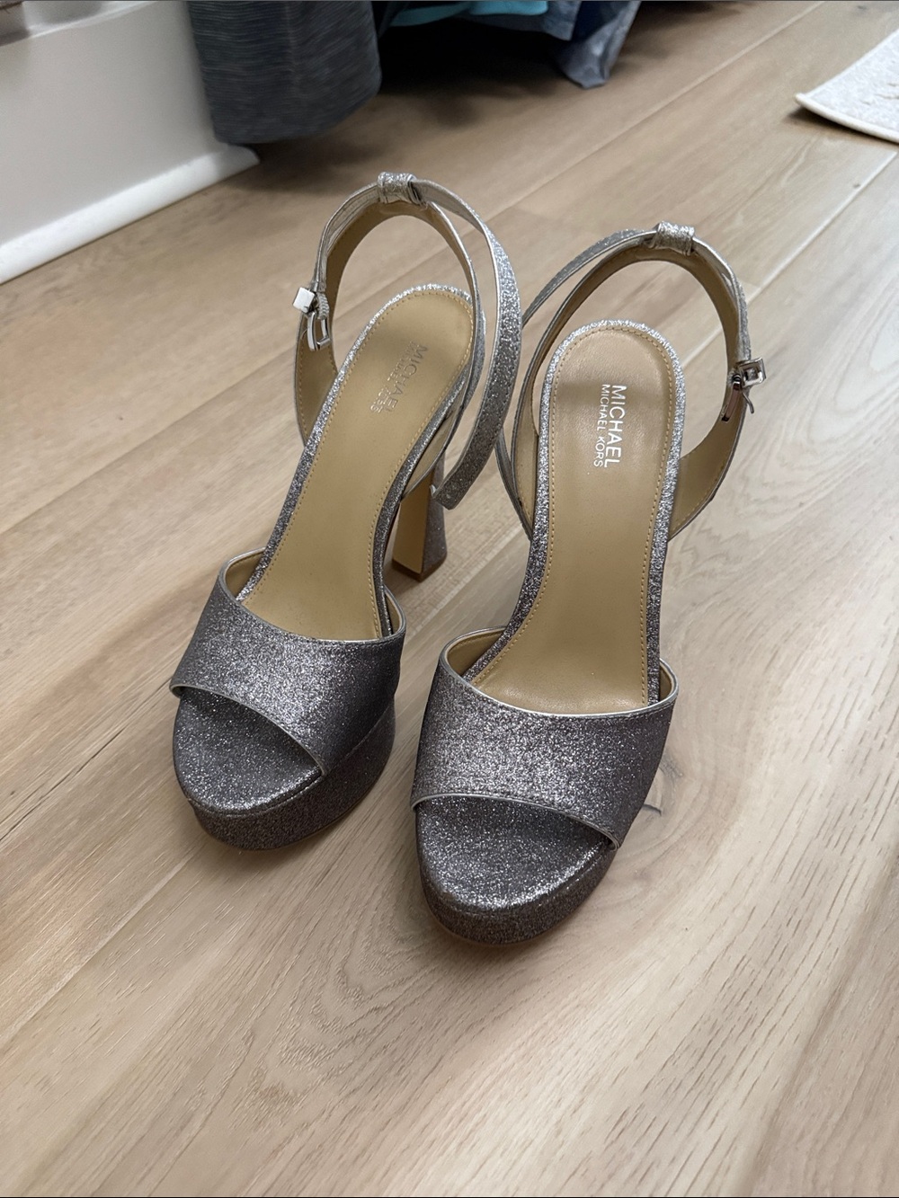 Michael Kors Glitter Platform Peep-Toe Slingback Heels in Silver